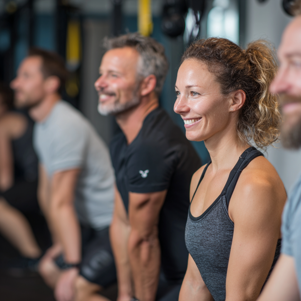 Group of white ukraninane adults in their forties enjoying functional training session
